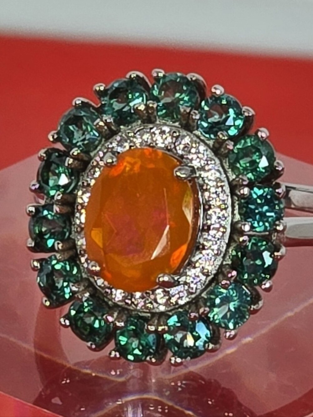 925 Sterling Silver Ring Sz 10 With Natural Orange Opal & Green Topaz Gemstones